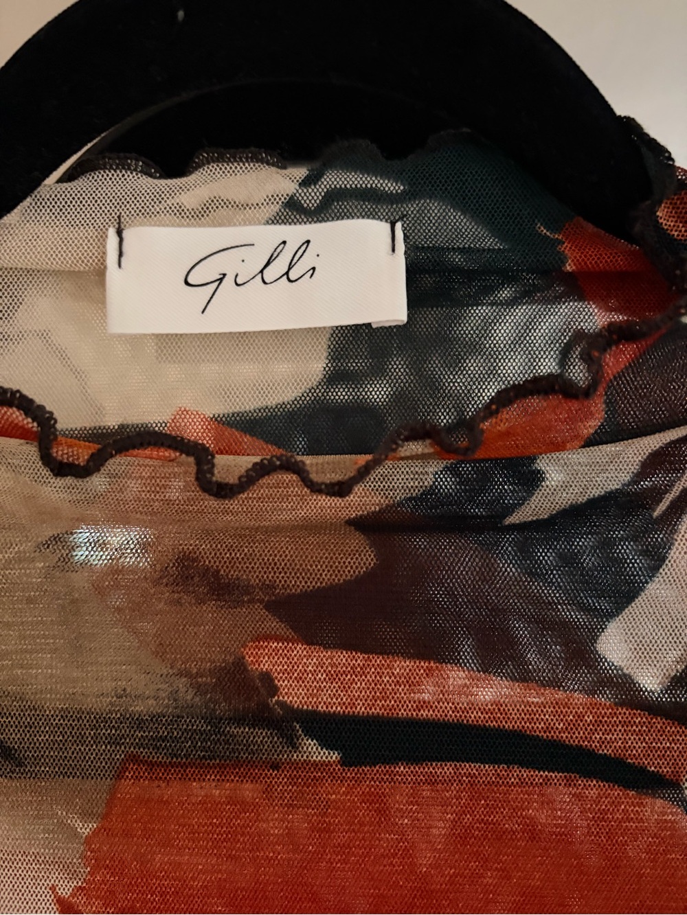 Gilli Floral Mesh Top Sheer Long Sleeve Ruffle Hem Mock Neck Size S - Picture 2 of 2